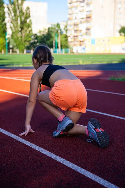 Teenage Girl Athlete Stadium Training Doing Physical Exercises Summer — Stock Photo, Image