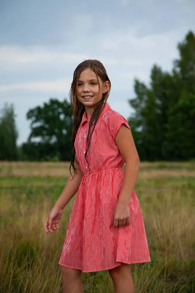 Kırsalda Kırmızı Elbiseli Genç Bir Kızın Portresi Yazın Gülümsüyor — Stok fotoğraf