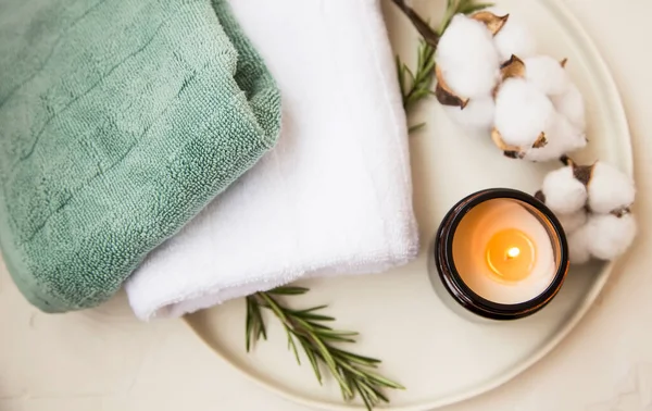 Spa Setting Candle Cotton Towels Wellness Spa Setting Still Life — Foto de Stock