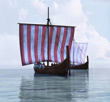 Viking uzun gemileri sisli su resimlerinde