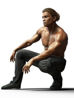 shirtless African man squatting and looking off in distance illustration