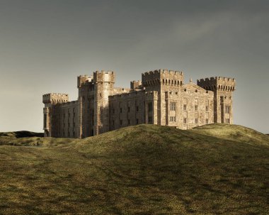 Side view Fantasy castle and hills illustration