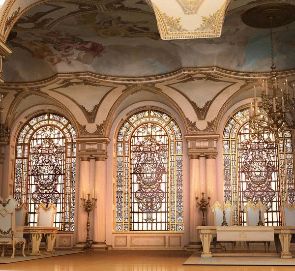 Elegant baroque room with big windows render illustration