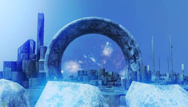 Kemerli ve nebula resimli mavi bilim kurgu şehri sahnesi