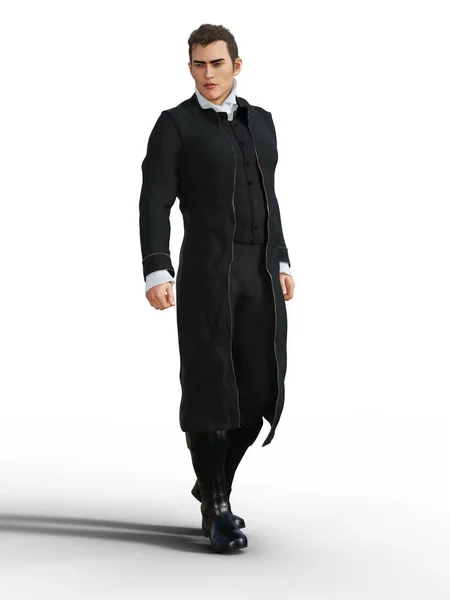 Homme Victorien Sérieux Long Manteau Noir Cravate Debout Illustration — Photo