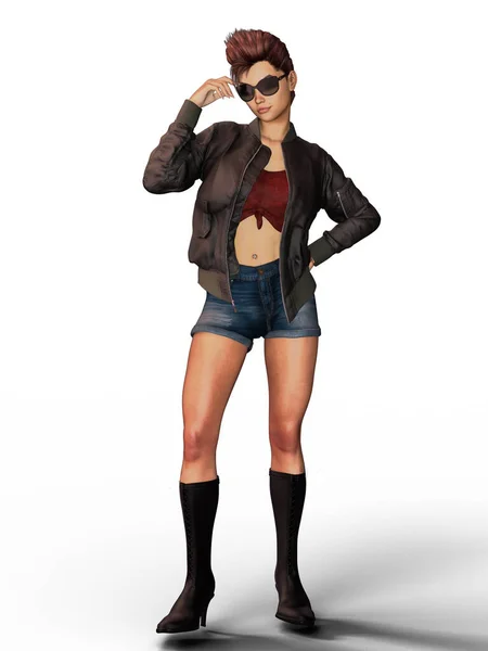 stock image Casual woman in shorts leather jacket and sunglasses illustration