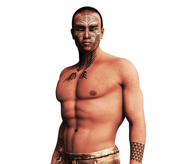 Schöner Maori Mann Ohne Hemd Mit Gesicht Tätowierung — Stockfoto