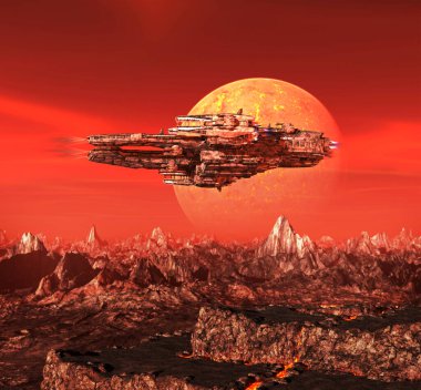 Büyük kırmızı gezegen illüstrasyonunun önündeki uzay gemisi