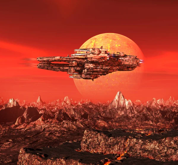 Rymdskepp Framför Stora Röda Planeten Illustration — Stockfoto