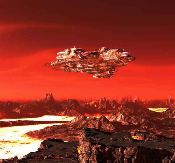 Rymdskepp Med Röd Himmel Lavaplaneten — Stockfoto
