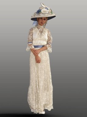 illustration of Edwardian woman standing in cream lace dress clipart