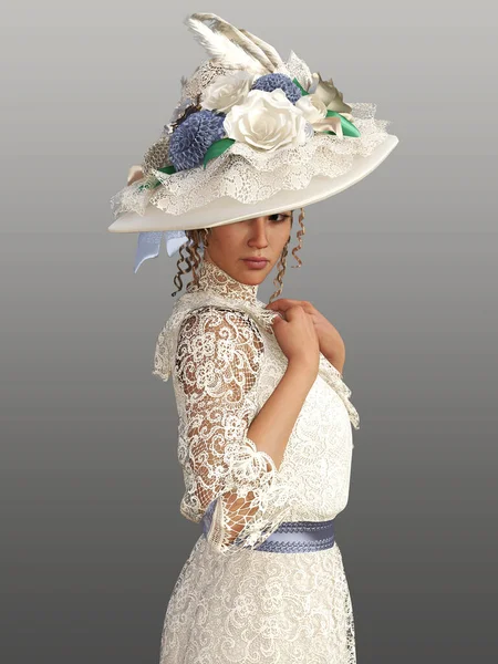 Γλυκιά Απεικόνιση Της Γυναίκας Edwardian Μεγάλο Καπέλο Και Δαντέλα Φόρεμα — Φωτογραφία Αρχείου
