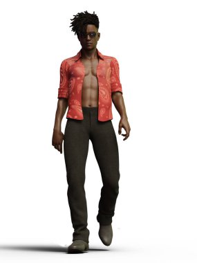 Tropikal desenli tişört ve güneş gözlüğü resimleriyle gezen sıradan bir Afrikalı.