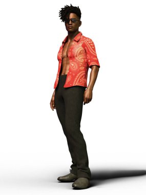 Sıradan bir Afrikalı adam tropikal desenli gömlek ve güneş gözlüğü resimleriyle dikiliyor.