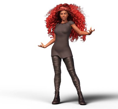 Uzun kıvırcık kızıl saçlı güçlü bir Afrikalı kadın.
