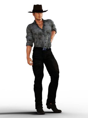 Şapka ve kirli iş gömleği resimleriyle duran kovboy.