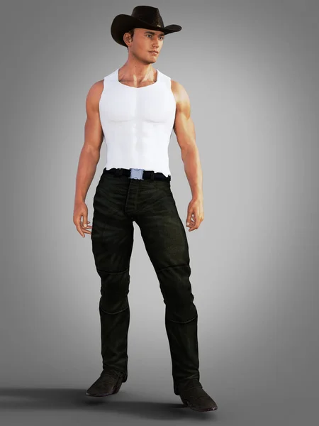Sexy Cowboy Standing Jeans White Tank Top Illustration — стоковое фото