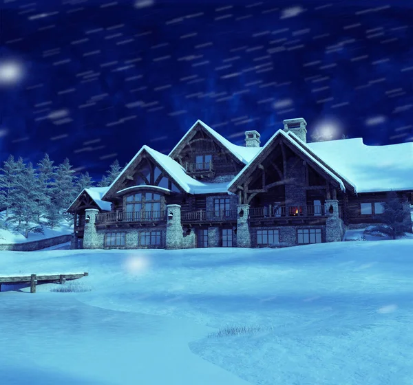 Winterhut Nachts Met Sneeuwstorm Illustratie — Stockfoto