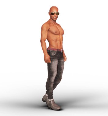 Seksi kel adam kot pantolon çizimi giyiyor.