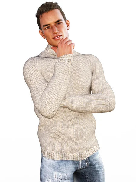 Hombre Guapo Con Mano Barbilla Con Una Ilustración Suéter Crema —  Fotos de Stock