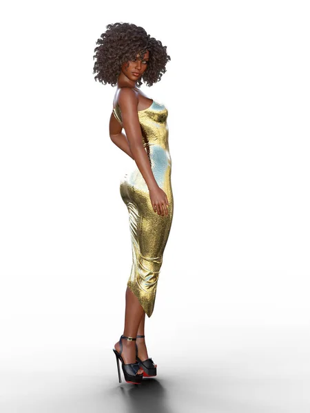 Vista Lateral Bela Mulher Africana Vestido Ouro Apertado Ilustração Imagem De Stock
