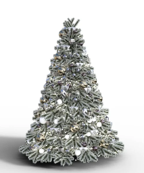 Árvore Natal Prata Com Decorações Sobre Fundo Branco Ilustração — Fotografia de Stock