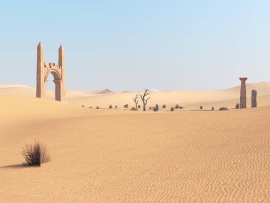 Uzaktaki antik kalıntılar çöl manzarası çizimleri.