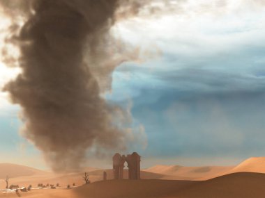 Raging Sandstorm tornado over ruins in desert illustration clipart