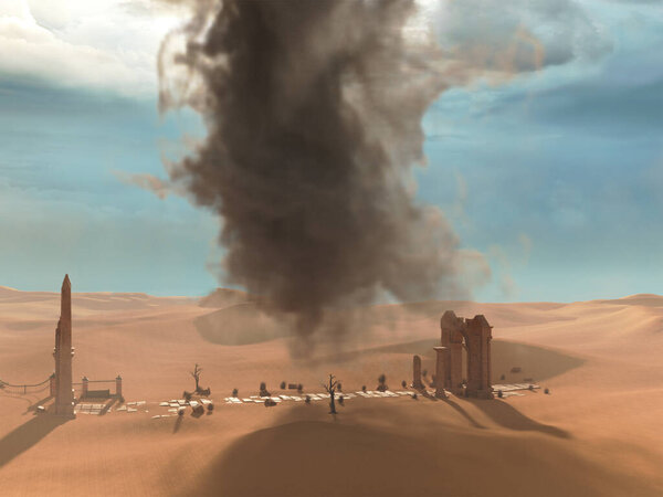 Big dark wind tornado over ruins in sandy desert illustration