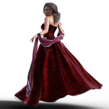 Zarif Afrikalı kadın dikiz aynası uzun kırmızı elbise ve kuşak çizimi