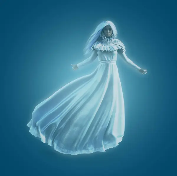 Mulher Fantasma Vestido Branco Longo Ilustração Cabelo Branco Imagem De Stock