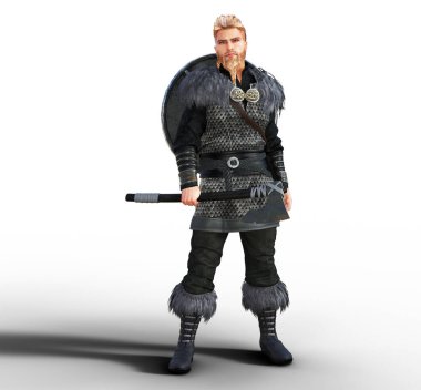 Güçlü Viking adam elinde balta illüstrasyonuyla kürkte duruyor.