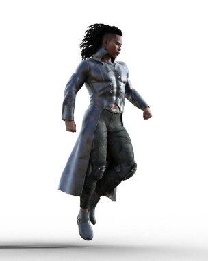 Uzun deri ceketli Afrikalı adam.