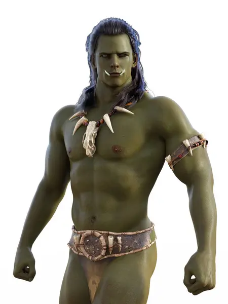 Barbar giyimli yeşil ork adamın ön görüntüsü