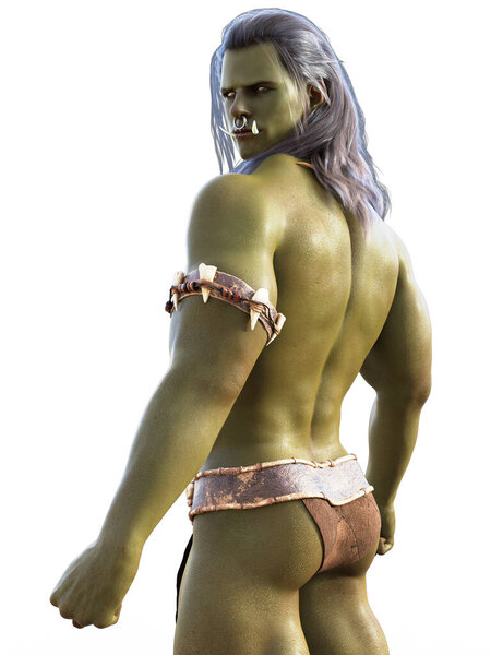 Side view of green orc man looking over shoulder illustration