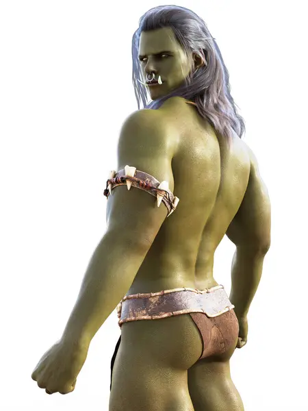 Side View Green Orc Man Looking Shoulder Illustration Stock Image
