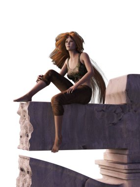 Beton duvar resimlerinde kızıl saçlı, fantezi şehir kadını.