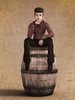 Sepya illüstrasyonunda varilin üzerinde oturan tarihi çocuk.