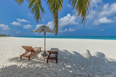 Şemsiyeli ve sandalyeli güzel kumlu sahil