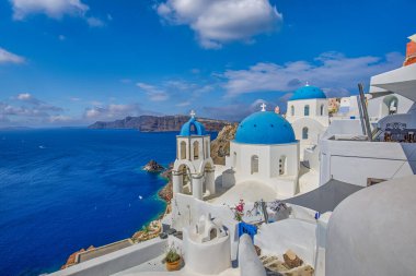 Small church based on Santorini island with seaside view, Greece.