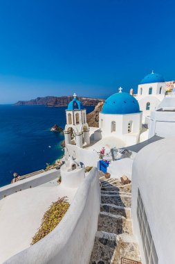 Small church based on Santorini island with seaside view, Greece.