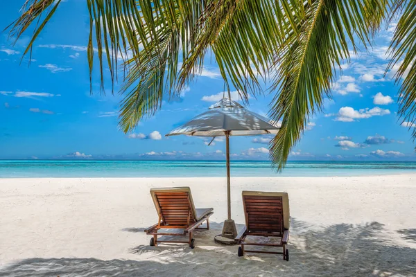 Cozy Sunbeds Umbrella Tropical Shore — Stock fotografie