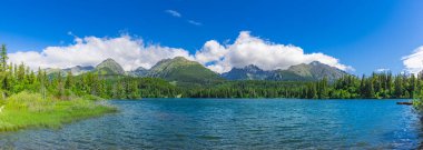 Park High Tatras 'ta göl manzaralı bir yer. Strbske Pleso, Slovakya. Harika bir yaz manzarası. Doğanın resimli görüntüsü. İnanılmaz doğal arka plan, yeşil orman, mavi güneşli gökyüzü bulutları