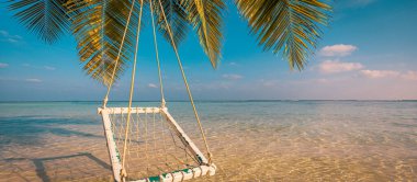 Palmiye ağacında sallanan ahşap salıncak, rahatlatıcı deniz sahilinde gün batımı ışığı. Yaz arkaplanı, eğlence amaçlı ilham verici manzara. Özgürlük konsepti, panoramik tropik cennet kumsalı, seyahat tatili