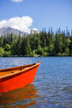 Kozalaklı ormanlı dağ gölü, ahşap tekne güneşli mavi gökyüzü, cennet gibi özgürlük yolculuğu geçmişi. Romantik turist mekanı. Ulusal Park Lisesi Tatras, Avrupa. Güzel doğa manzarası cennet gibi.