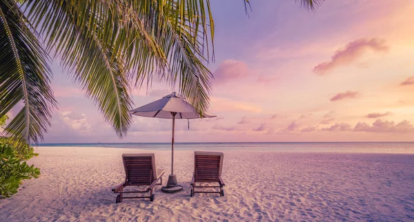 美しい熱帯の島の夕日 ヤシの木の葉の下に2つのサンベッドの椅子の傘 白い砂浜の海の景色水平線牧歌的な夜の空 ビーチリゾートのパノラマを刺激します ロマンチックなパラダイスビーチバナー — ストック写真
