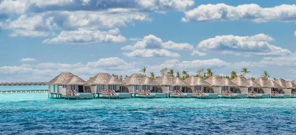 Aerial View Maldives Island Luxury Water Villas Resort Wooden Pier — Stock Photo, Image