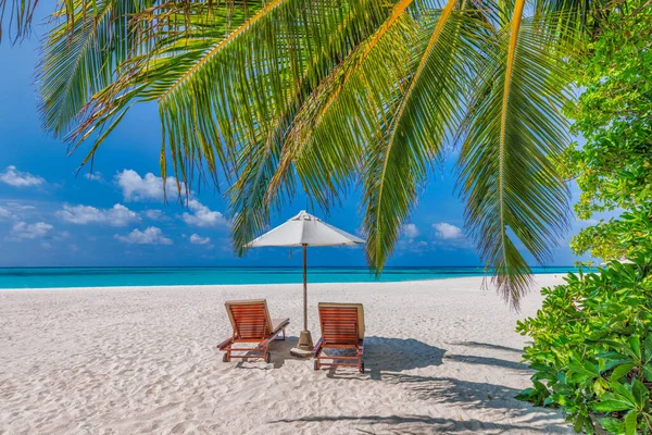 stock image Beautiful tropical sunny shore, couple sun beds or chairs umbrella under palm tree leaves. Sea sand horizon sky. Romantic relax lifestyle inspire island beach background. Summer travel exotic vacation