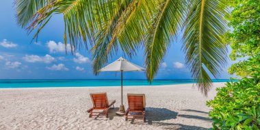 Şemsiyeli ve sandalyeli güzel tropikal plaj