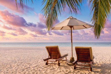 Tropik plaj ve deniz geçmişe sahip şemsiye ve sandalyeler - tatil ve seyahat kavramı